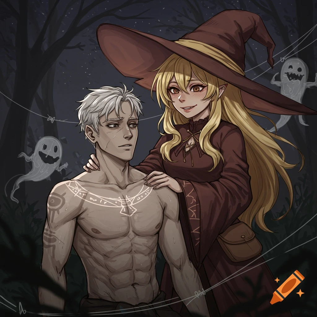 A witch with a wide hat and long blonde hair touches a shirtless man with glowing magical symbols on his chest in a dark forest with floating ghosts, in an anime style.