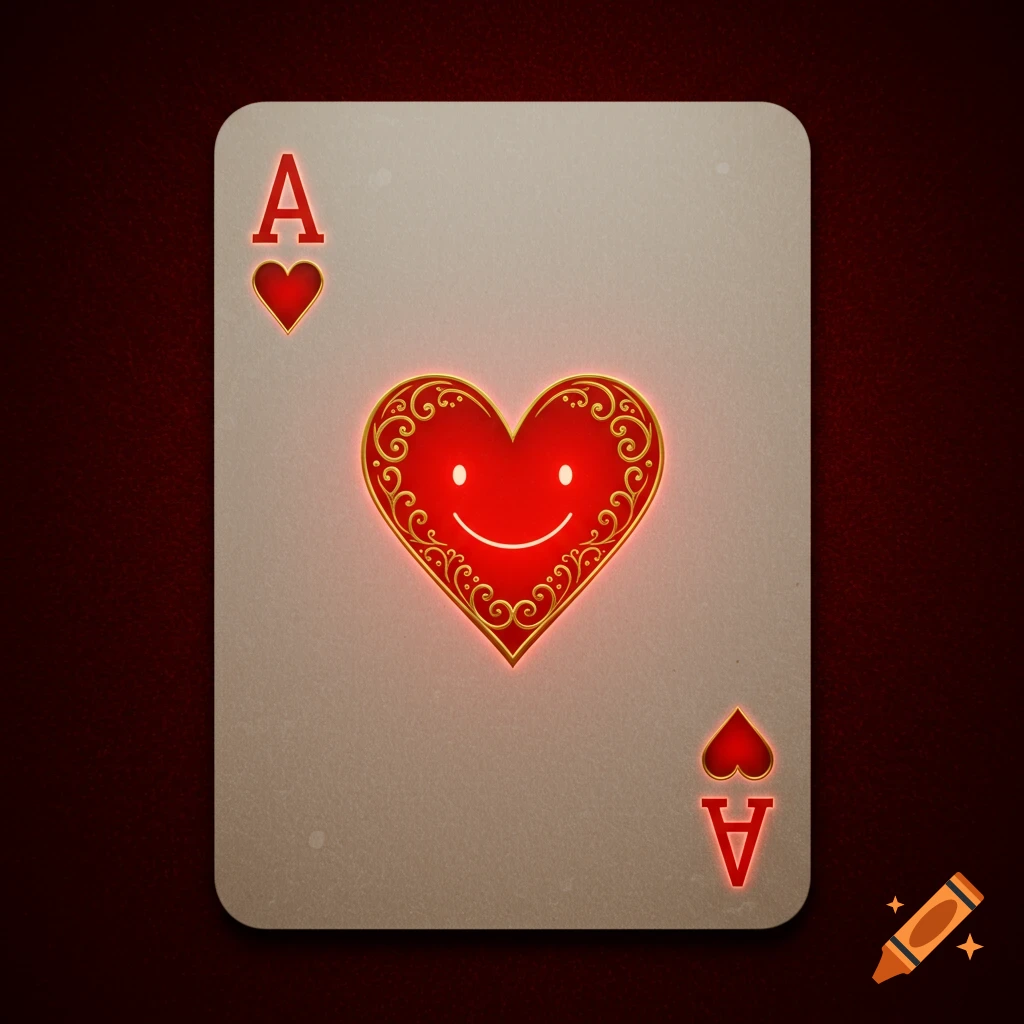 An Ace of Hearts playing card with a glowing red heart featuring a smiling face.
