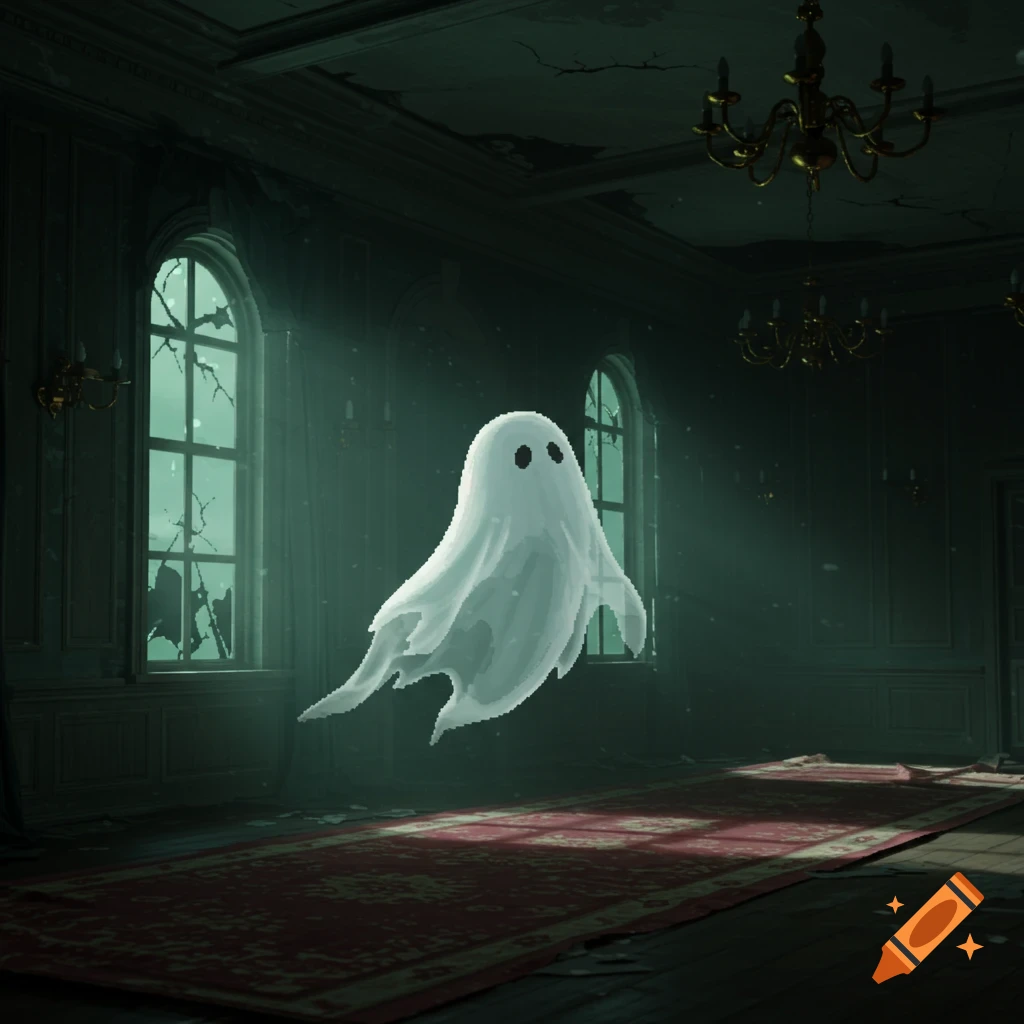 A pixel art ghost floats in a dimly lit, abandoned mansion room with large windows and a red rug.