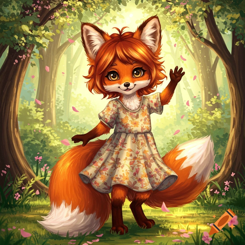 A cute, orange anthropomorphic fox character with a floral dress stands in a sunny, green forest, waving.