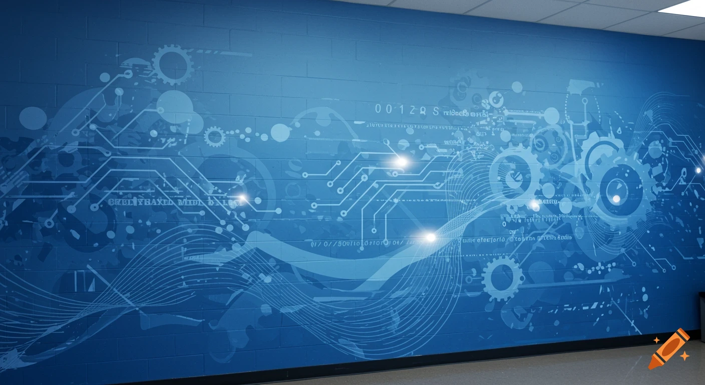 A blue wall mural with white abstract patterns of circuit boards, gears, waves, and glowing lights, suggesting technology and innovation.