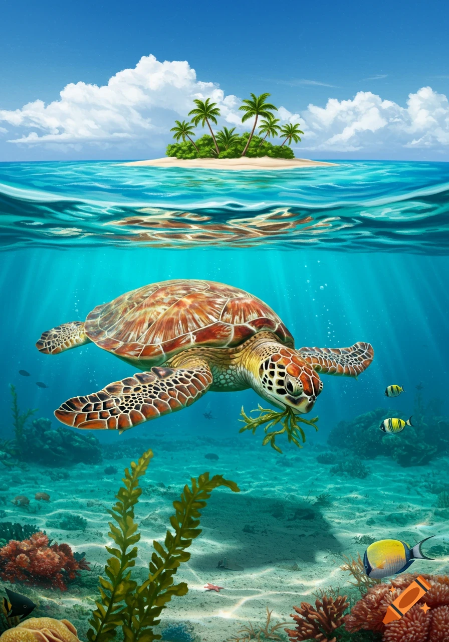 A colorful sea turtle swims underwater, eating seaweed, with a tropical island and palm trees visible above the clear blue ocean surface.