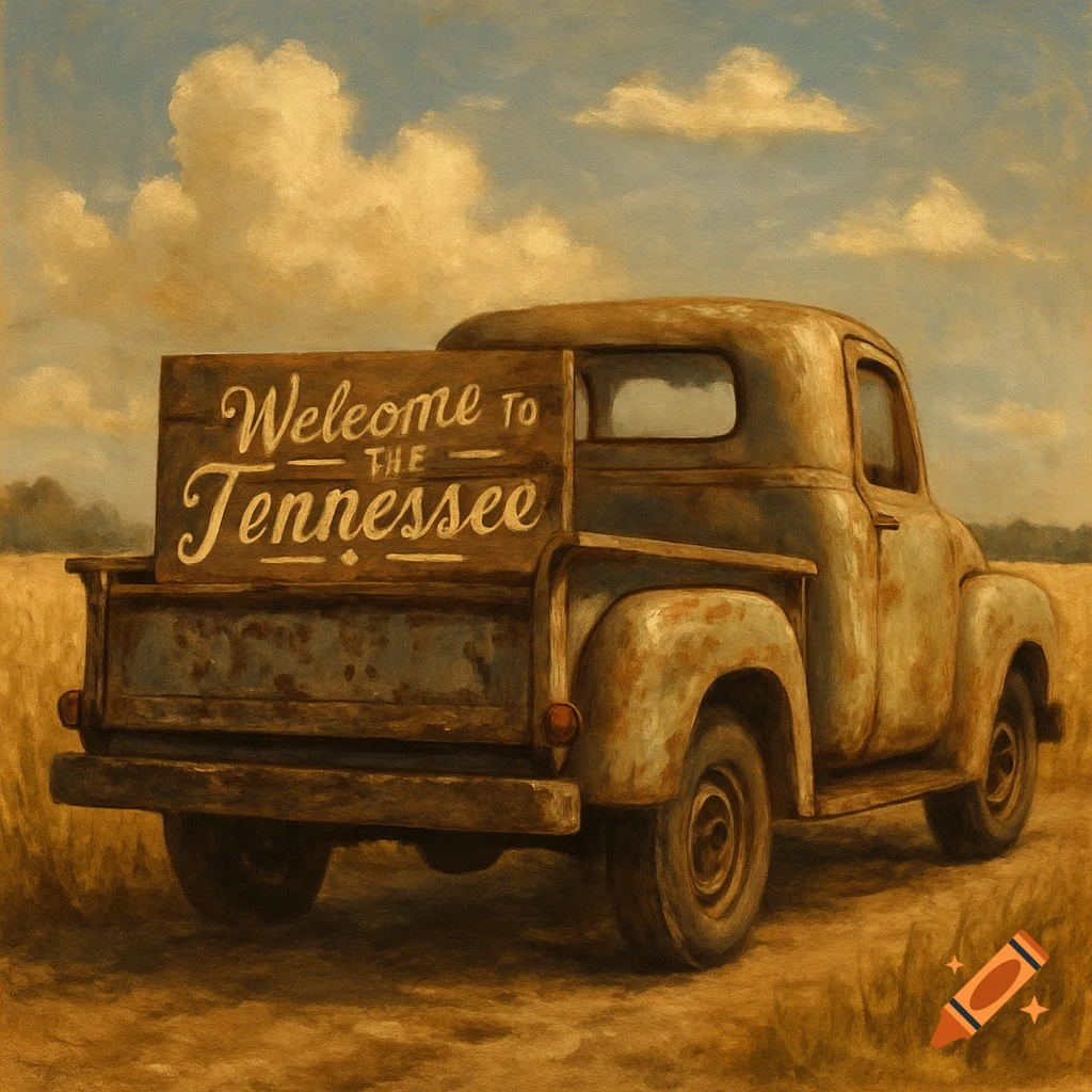 A rustic painted image of an old pickup truck from behind in a field, with a sign in its bed reading "Welcome to THE Tennessee".