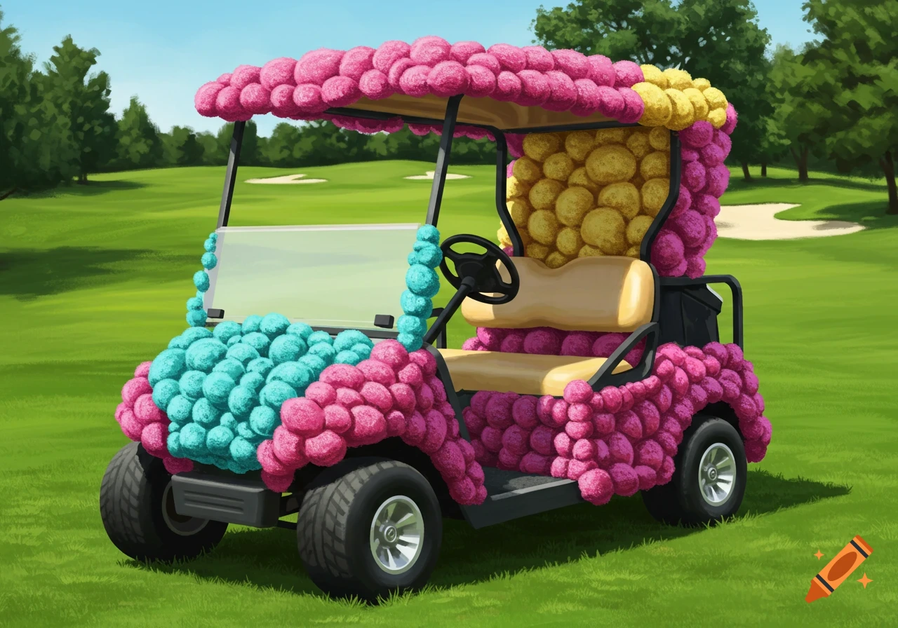 A colorful golf cart covered in pink, turquoise, and yellow textured spheres, parked on a green golf course.