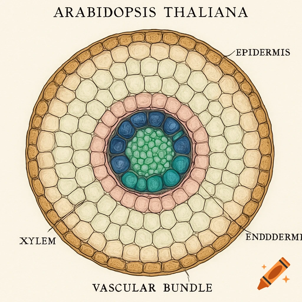 Detailed circular diagram of an Arabidopsis thaliana root cross-section illustrating cell layers and vascular bundles.