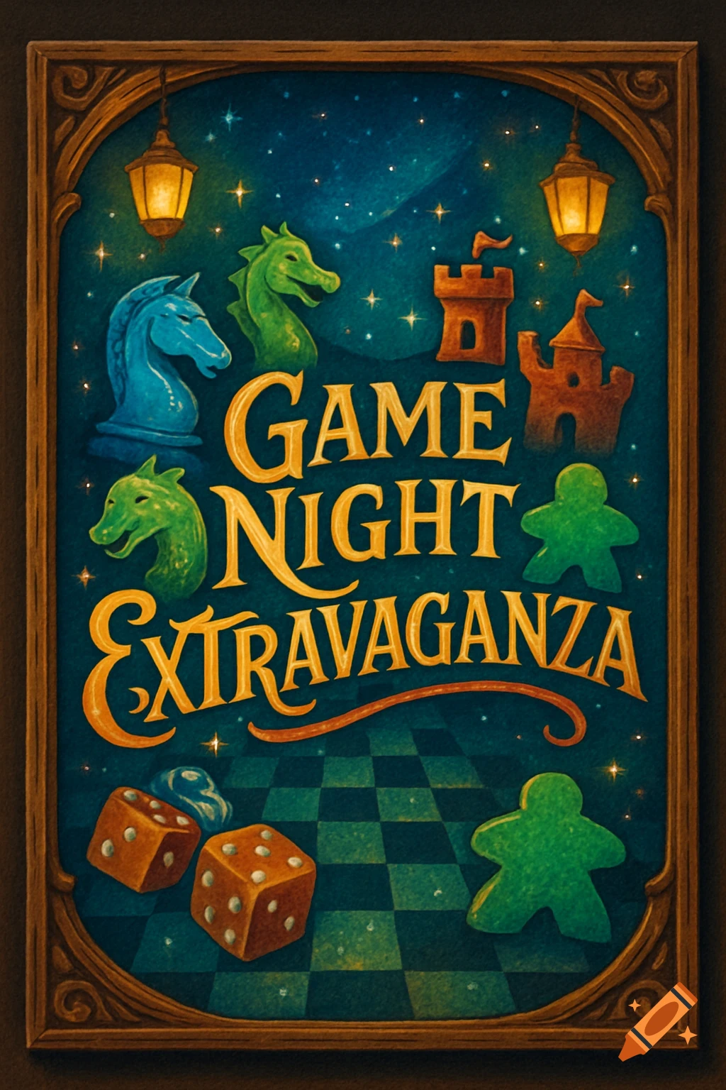 Vintage-style poster for 'Game Night Extravaganza' with chess knight, dragons, castles, dice, and meeples on a starry, checkered background.