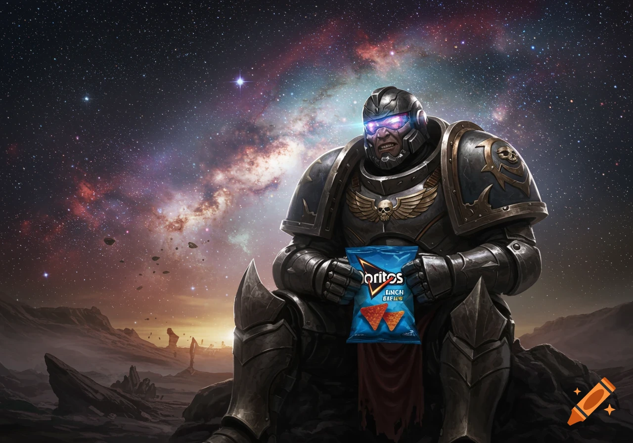 A large armored space marine sits on an alien planet, holding a bag of Doritos under a vibrant nebula in space.