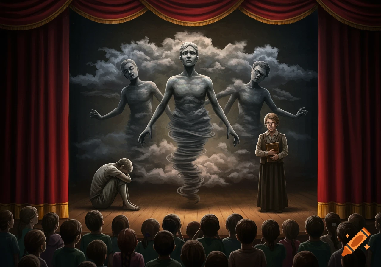 A theatrical scene with a sad person and a librarian on stage, while three figures made of clouds and a tornado float behind them. An audience watches from the foreground.