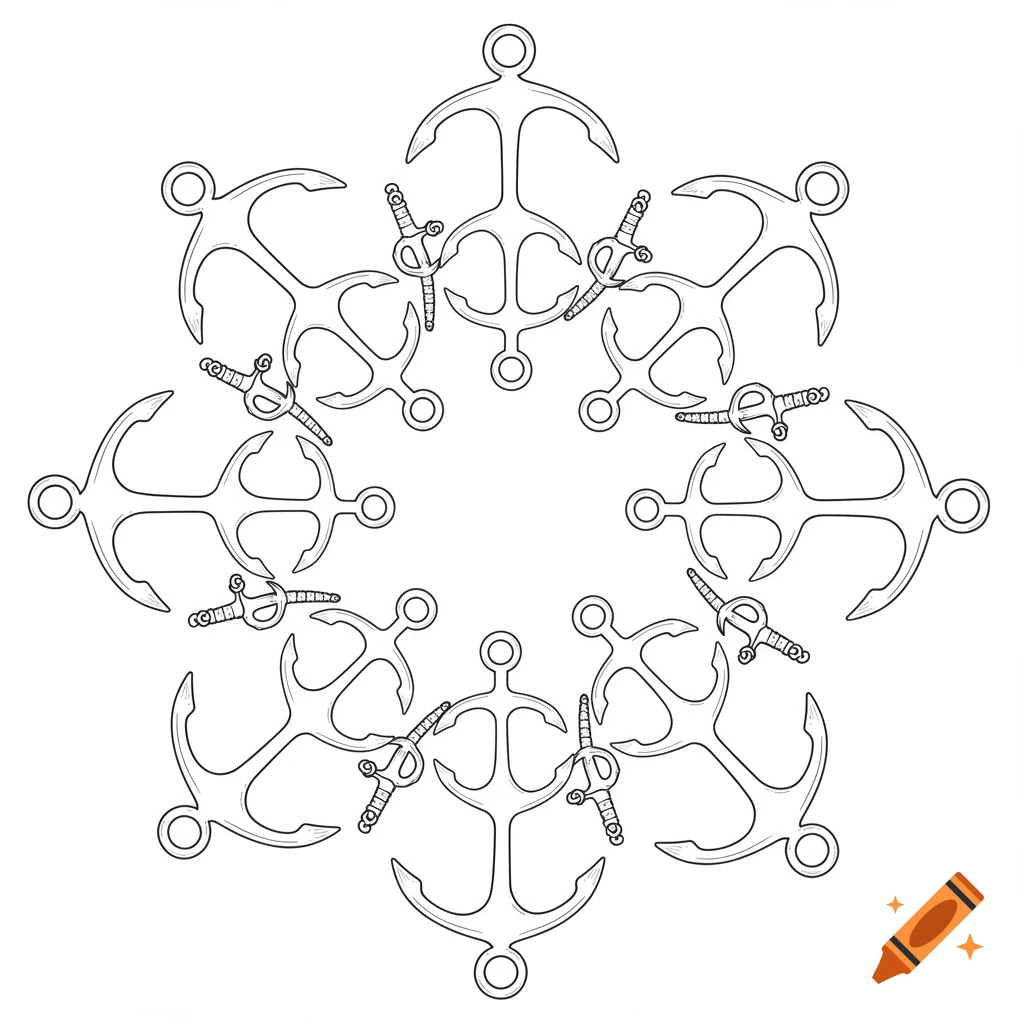 Line-drawn pattern of anchors and daggers arranged in a circular, flower-like design on a white background.