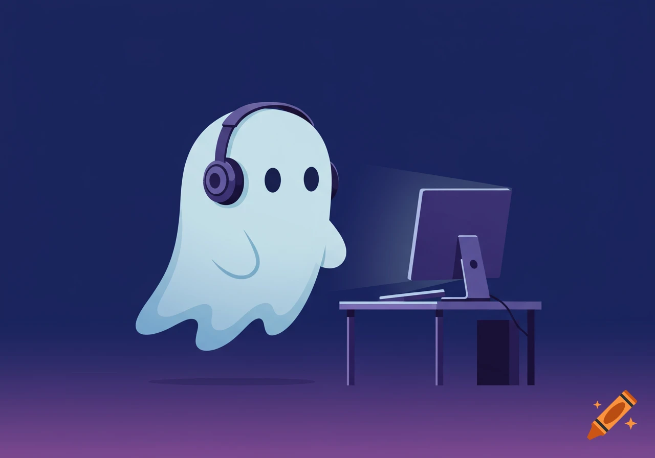 A cute cartoon ghost wearing purple headphones looks at a glowing computer screen.