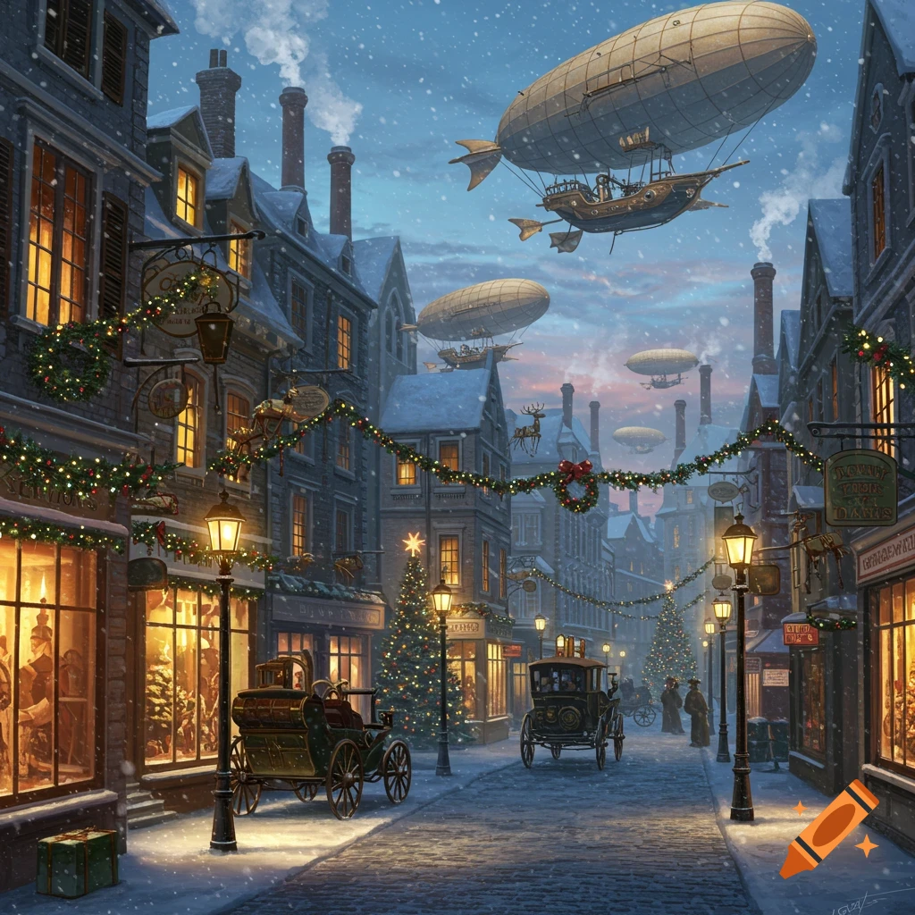 A snowy steampunk city street adorned with Christmas decorations, with vintage cars and large airships flying overhead at dusk.