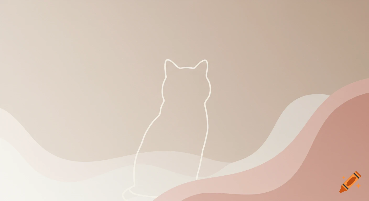 A minimalistic outline of a cat sitting, against a background of soft beige and rose abstract wavy shapes.