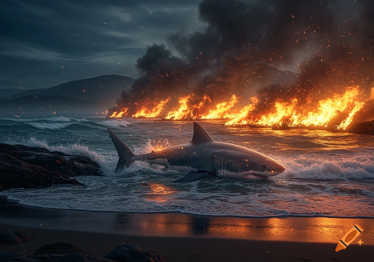 Photorealistic image of a shark washed ashore on a beach with a burning coastline under a stormy sky.