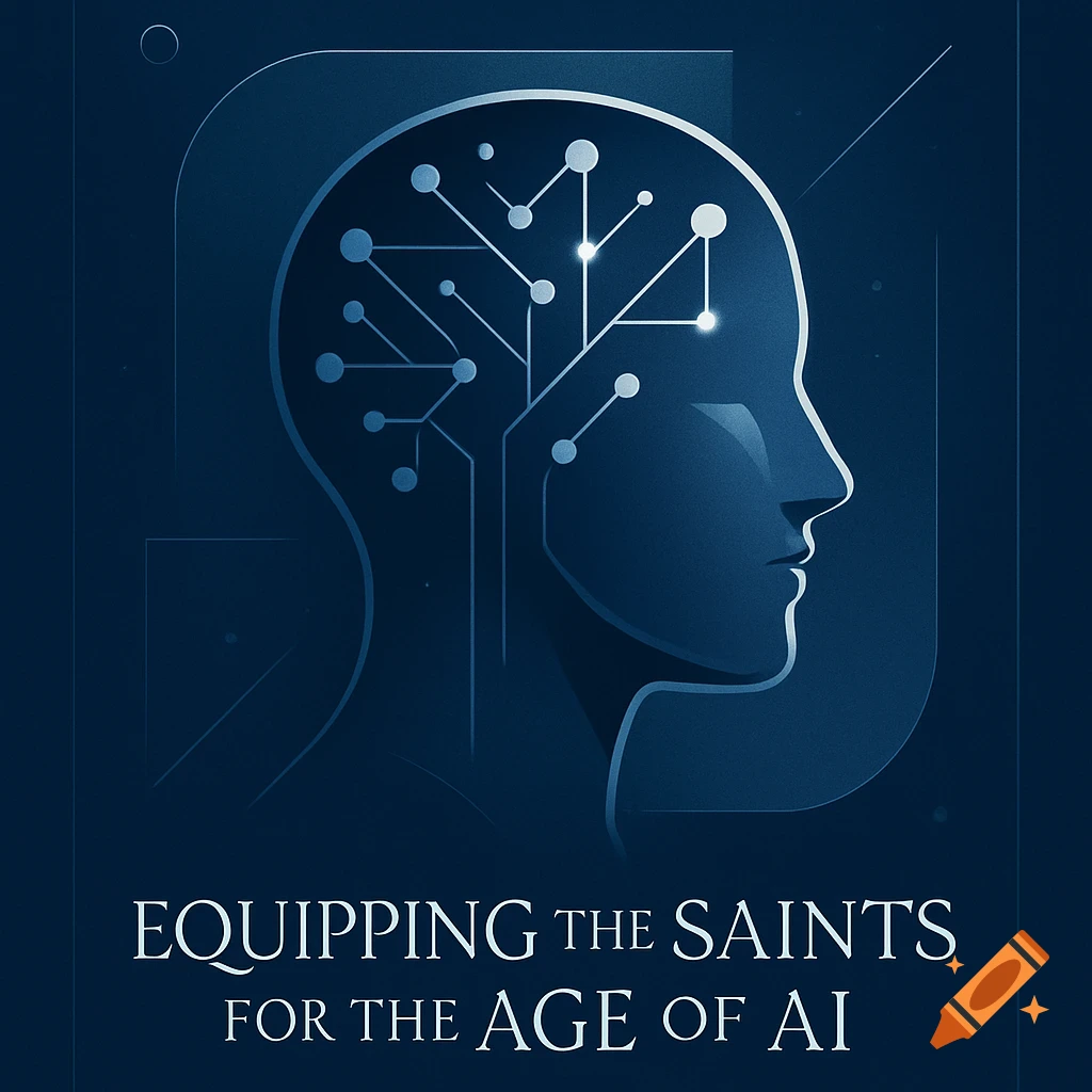 Stylized blue graphic of a human head profile with an illuminated circuit board inside, featuring the text 'EQUIPPING THE SAINTS FOR THE AGE OF AI'.