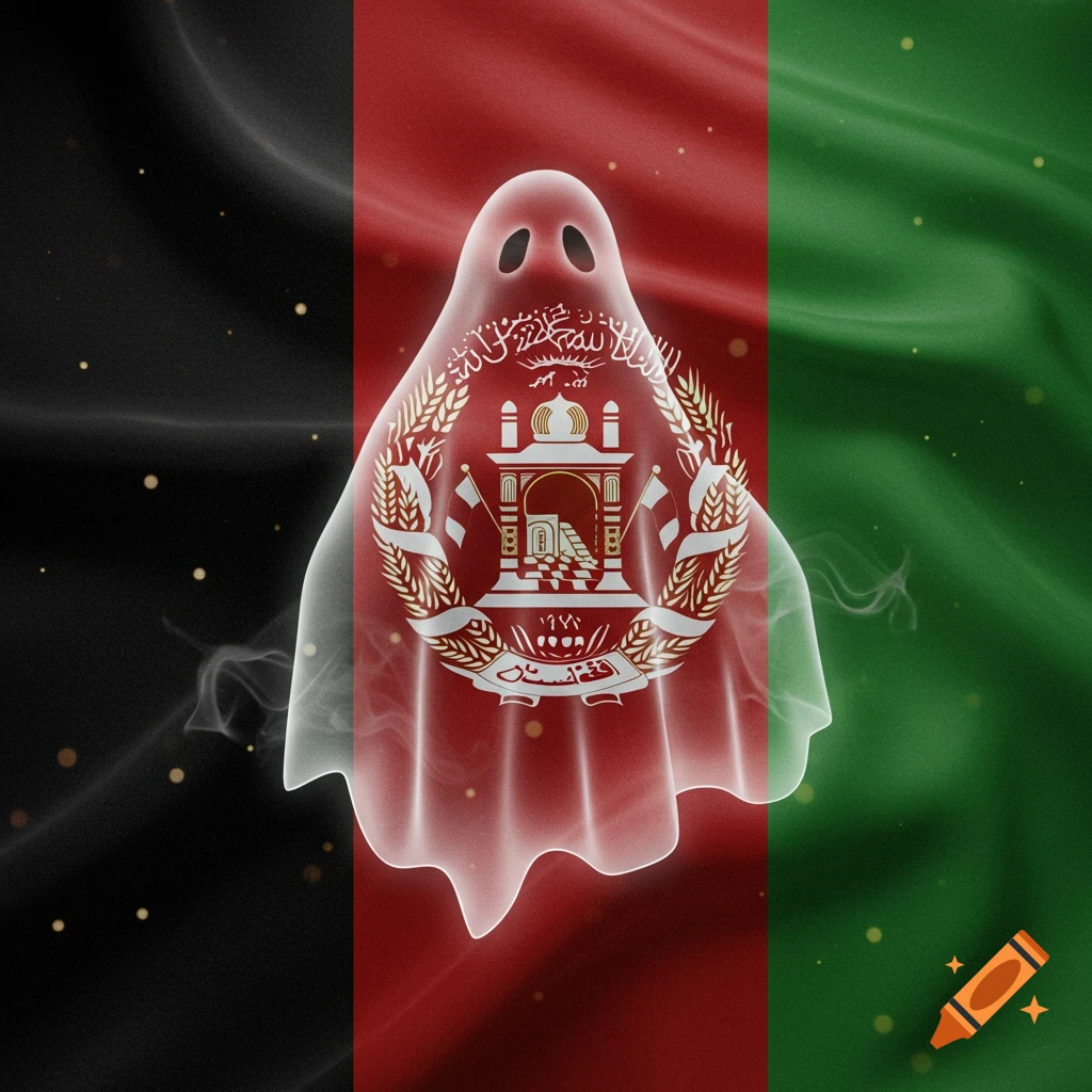 A transparent white ghost with eyeholes floats in front of a waving Afghan flag, displaying the national emblem through its translucent body.