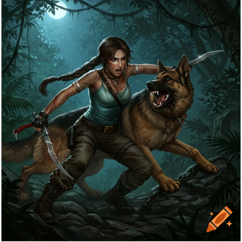 Lara Croft with dual knives and a snarling German Shepherd dog in a dark jungle scene under moonlight, in a dynamic action pose.