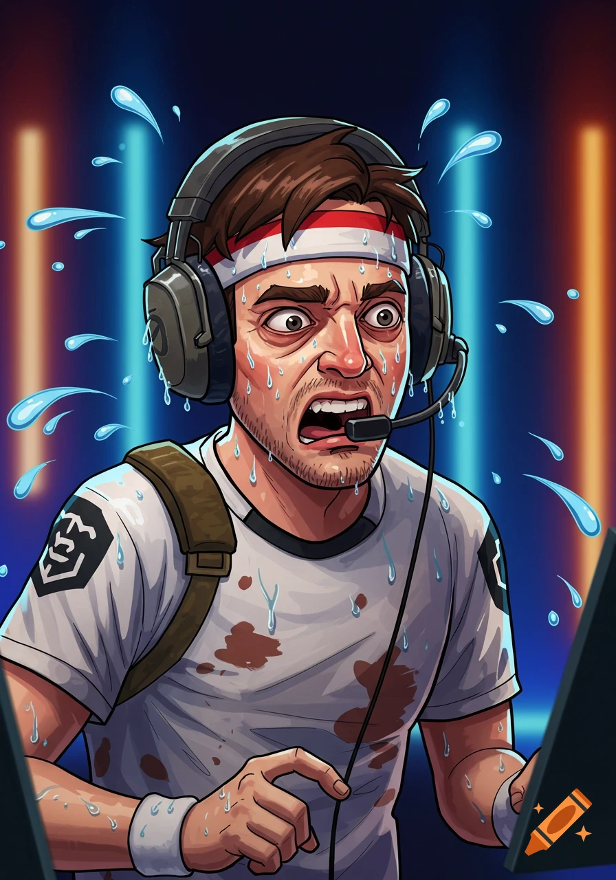 A cartoon illustration of an intense, sweaty esports player in a headset and white jersey, looking panicked while gaming.