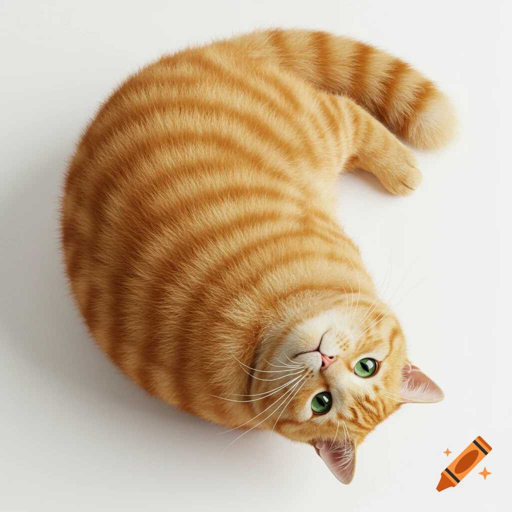 A fluffy orange tabby cat with bright green eyes lies on its back on a white background, looking up at the camera.