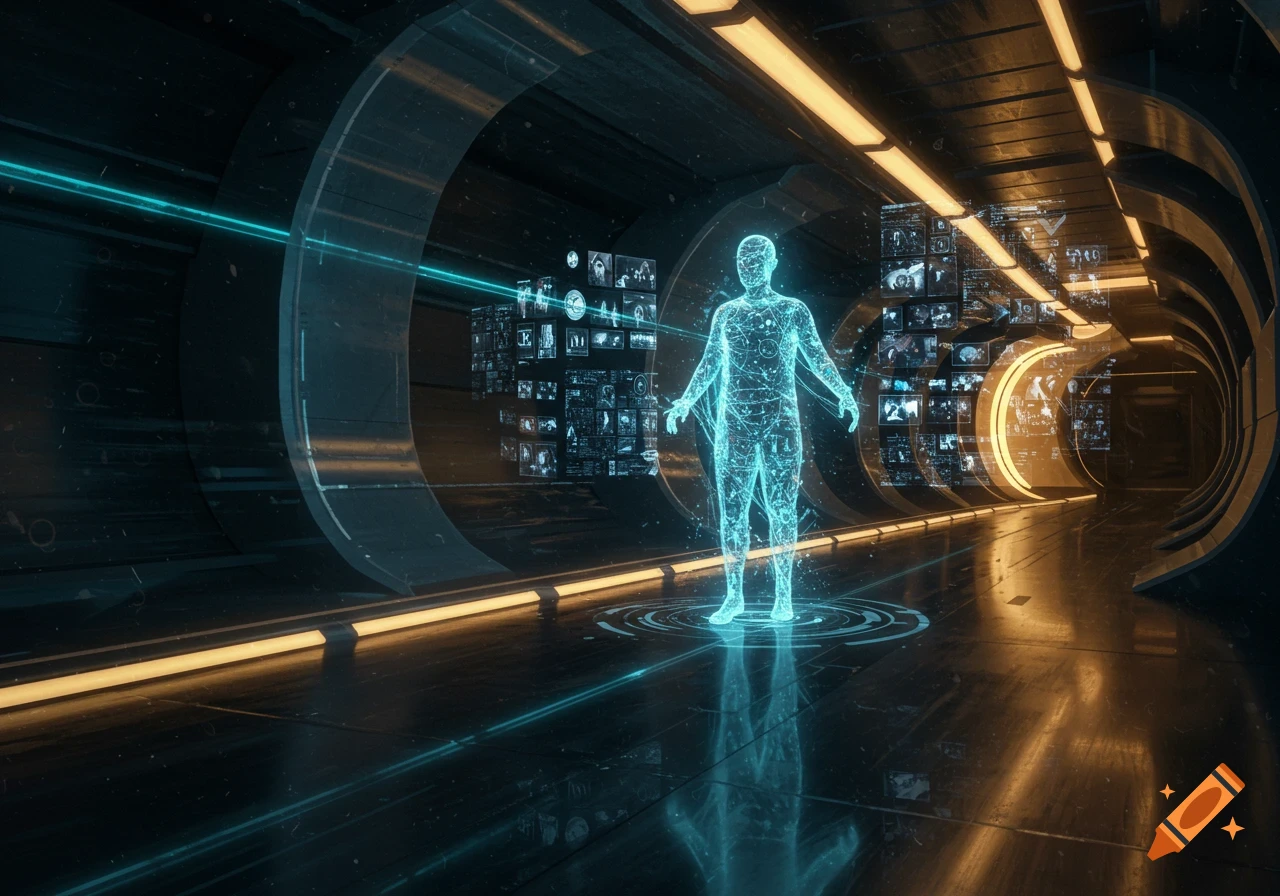 A glowing blue wireframe human figure stands in a dark futuristic tunnel with illuminated screens and light trails.