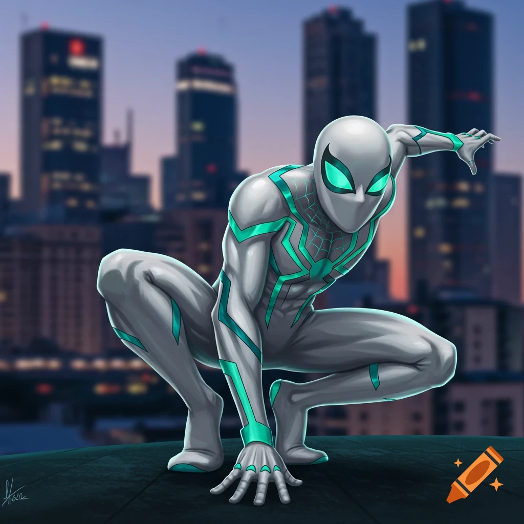 A white and teal Spider-Man-like superhero crouches on a rooftop against a blurred city skyline at dusk.