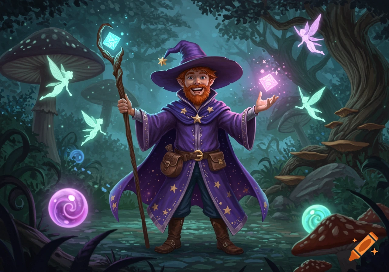 A cheerful, red-bearded wizard in a purple robe stands in an enchanted forest with giant mushrooms and glowing fairies, conjuring magic.