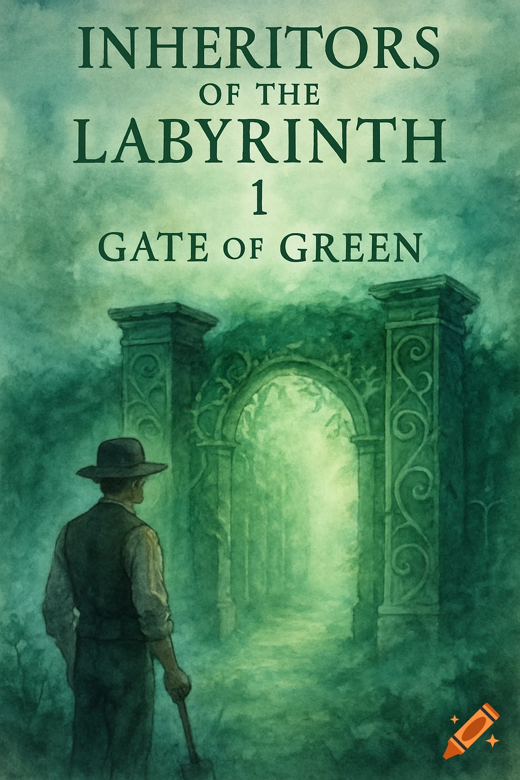 A man with a hat and shovel stands before a glowing green archway in a watercolor painting. The title 'INHERITORS OF THE LABYRINTH 1: GATE OF GREEN' is at the top.