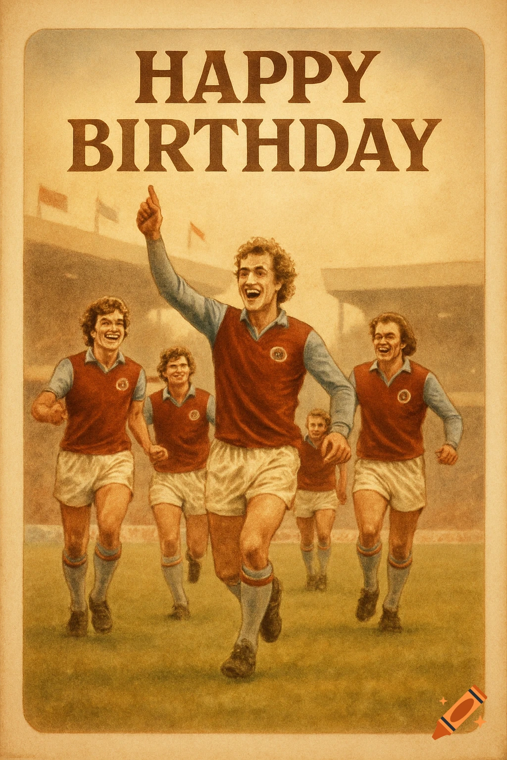A vintage illustration of five happy football players in maroon and light blue uniforms, celebrating on a field in front of a stadium, with 'HAPPY BIRTHDAY' text above.