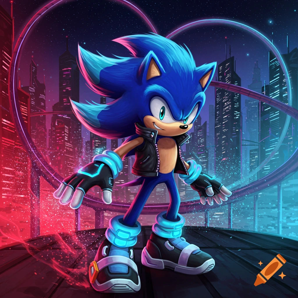 A blue hedgehog, similar to Sonic, wearing a black jacket and glowing blue gear, stands on a city rooftop at night with neon lights.