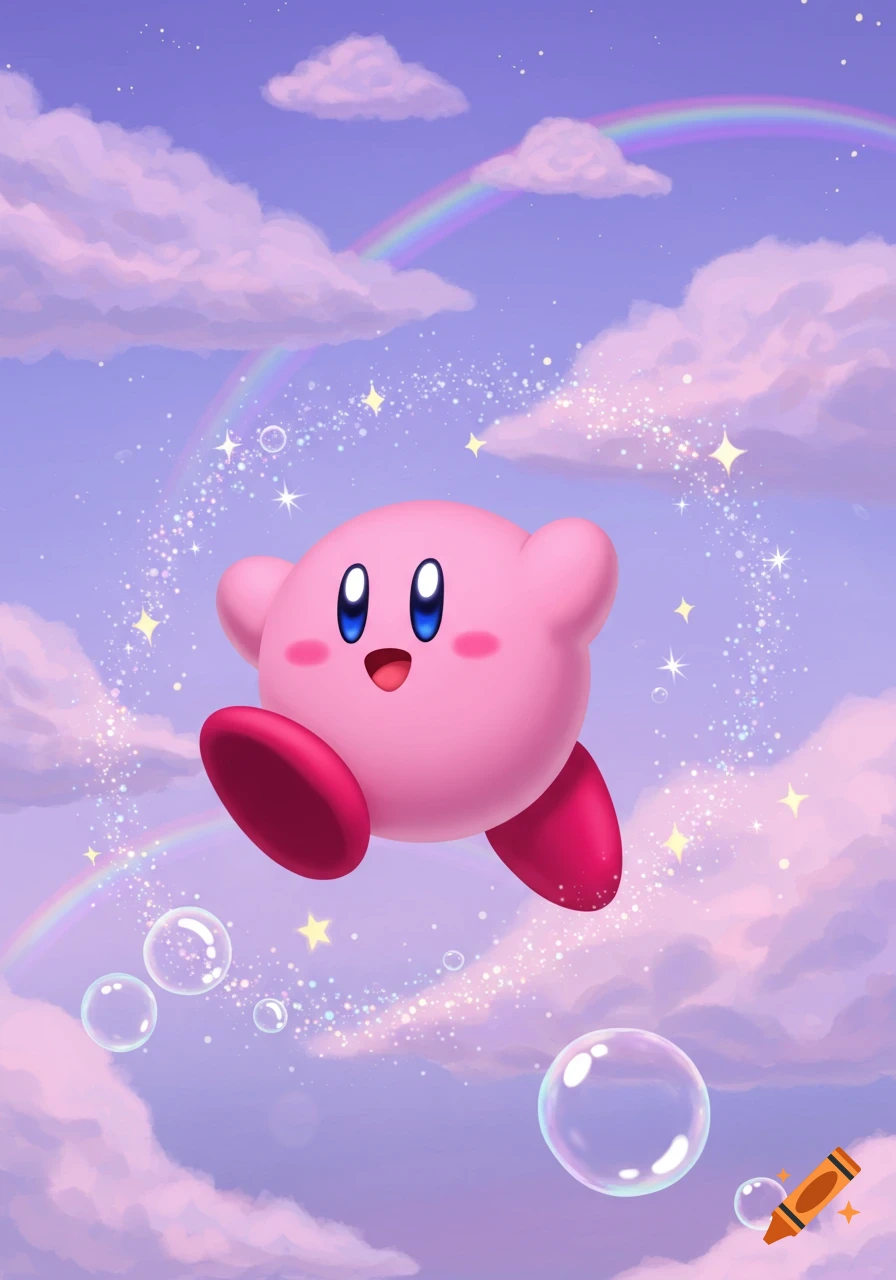 Pink Kirby floats happily through a whimsical purple sky filled with fluffy clouds, sparkling magic, rainbows, and bubbles, in a cartoon style.