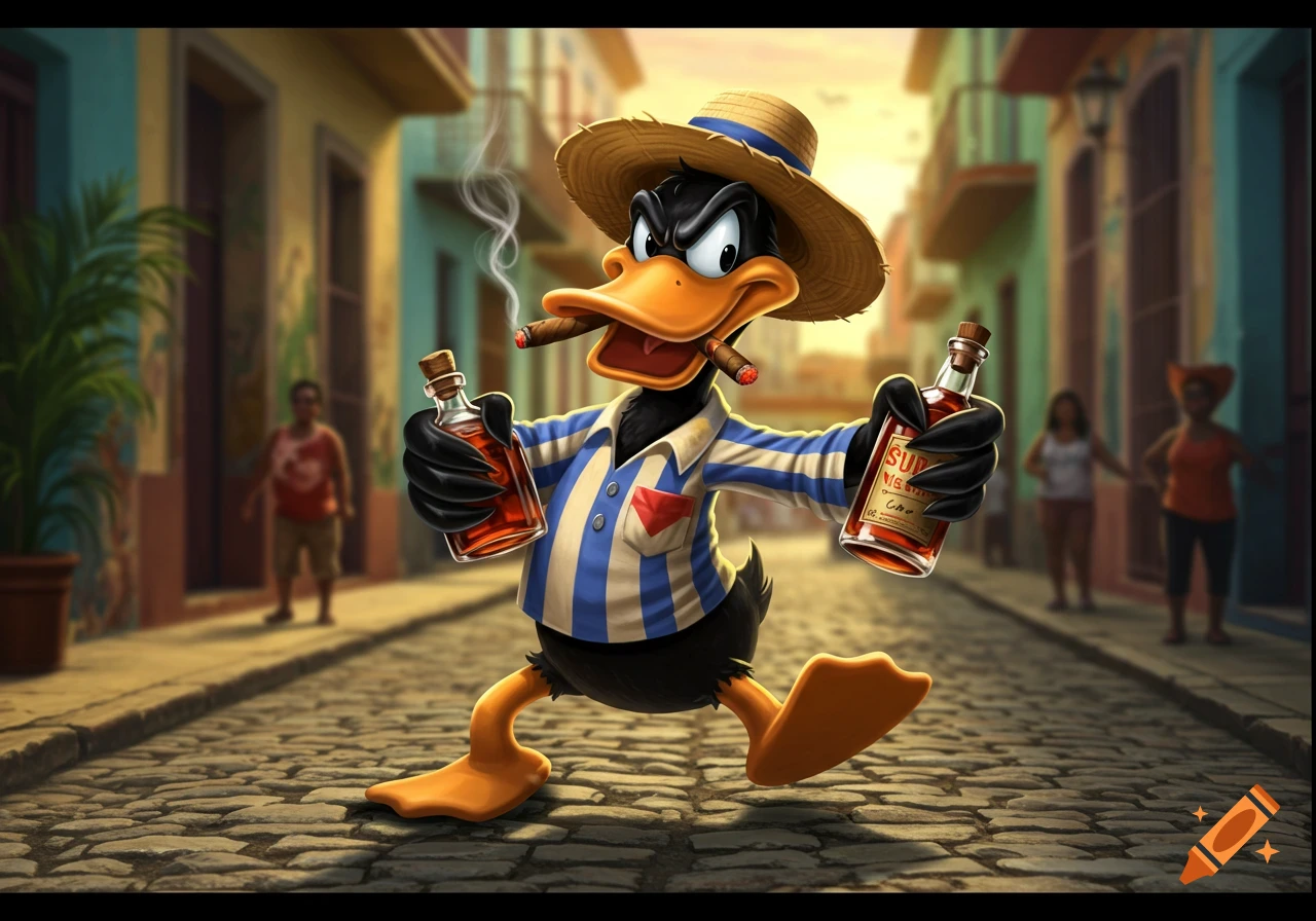 A cartoon duck, a hybrid of Daffy and Donald, wearing a straw hat and striped shirt, smokes a cigar and holds two bottles of liquor while walking on a cobblestone street.
