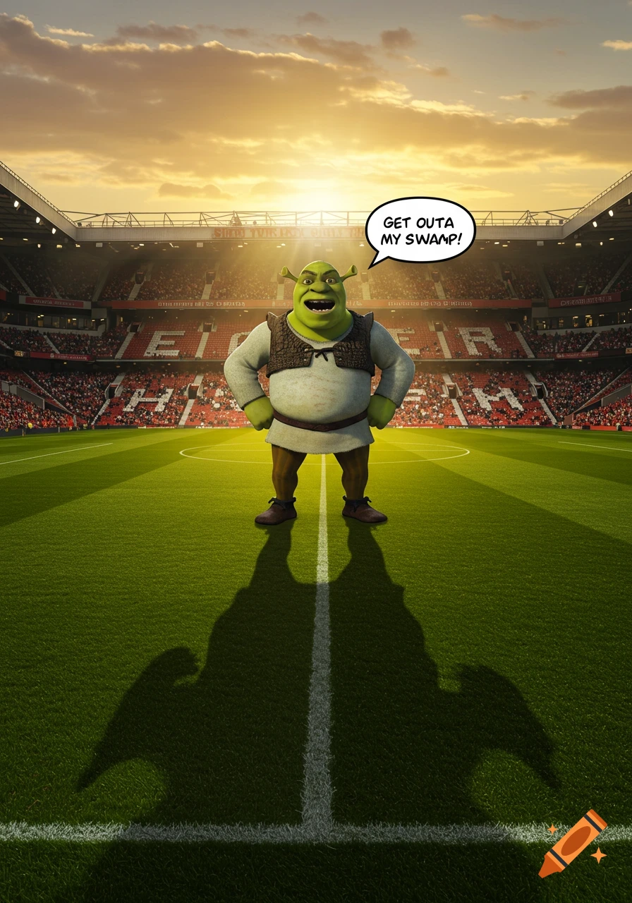 Shrek stands on a football pitch in a stadium at sunset, with a speech bubble saying 'GET OUTA MY SWAMP!'.