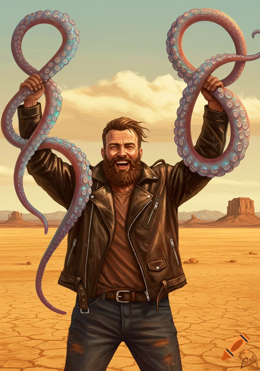 A bearded man in a leather jacket holds two large purple tentacles over his head in a cracked desert landscape with mesas in the background. The man is laughing with joy.