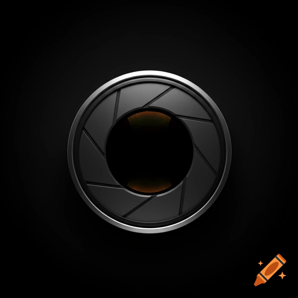 A minimalist, dark illustration of a camera lens aperture on a black background.