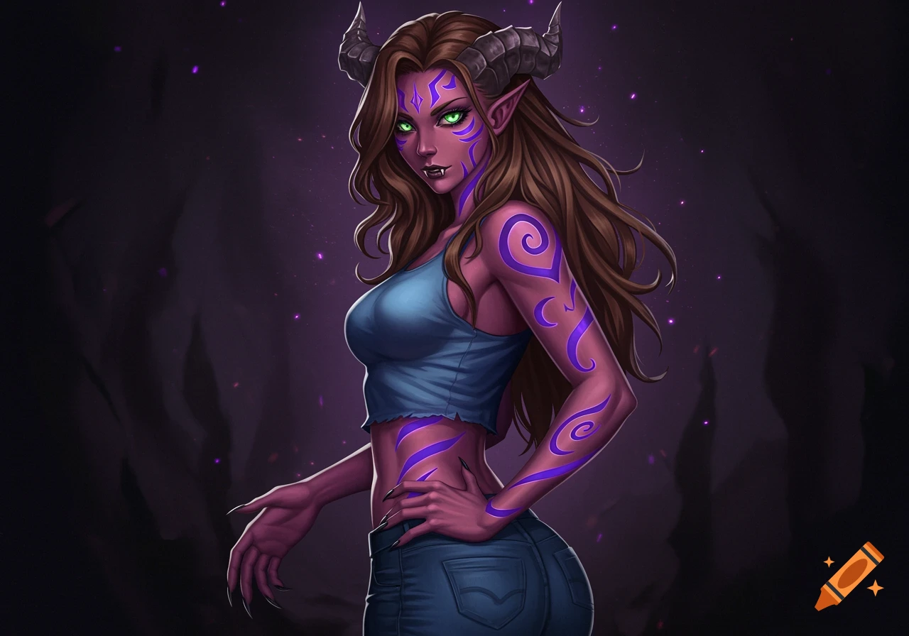 Anime-style demon woman with brown hair, green eyes, horns, purple markings, and claws, wearing a blue crop top and jeans.