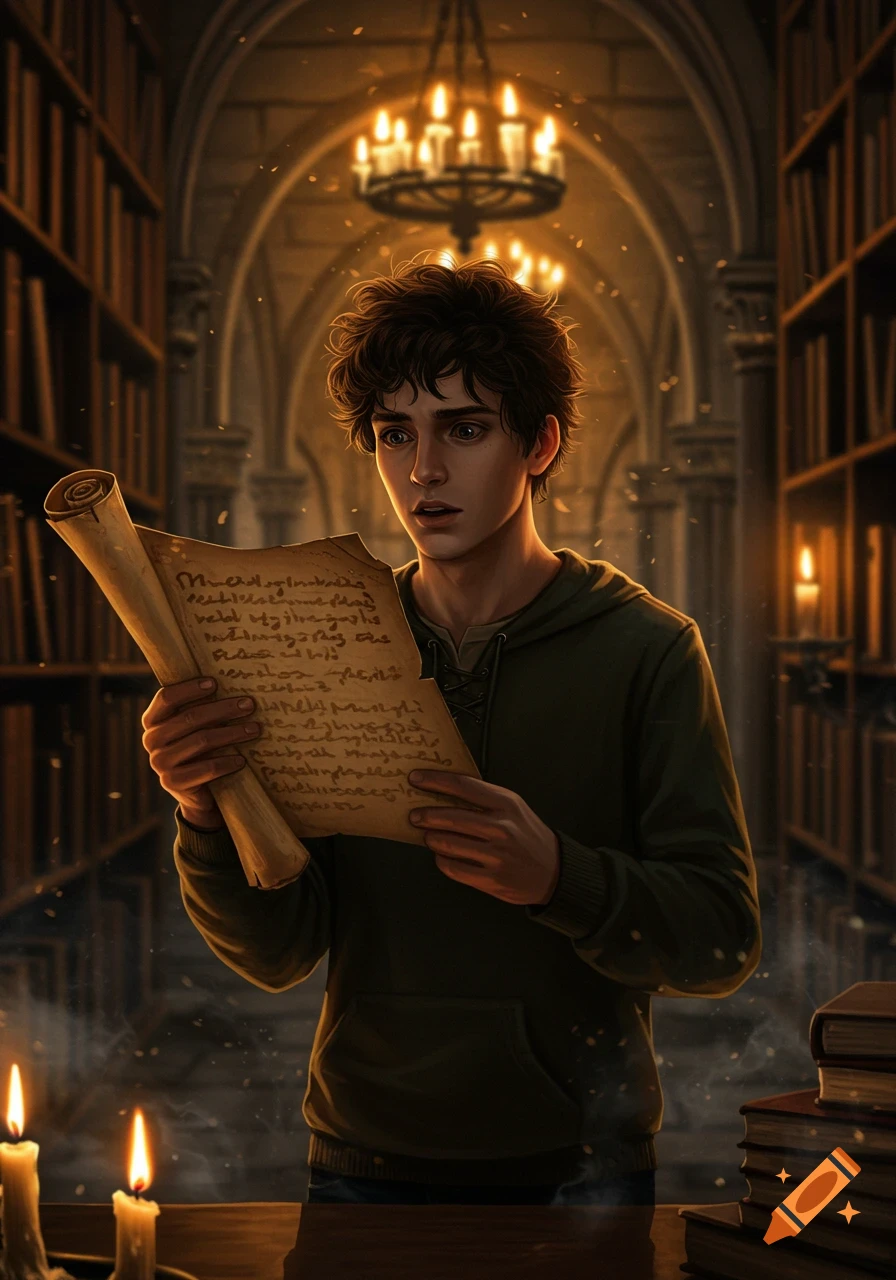 A young man intently reads a scroll in a dimly lit, arched library with glowing chandeliers and bookshelves.