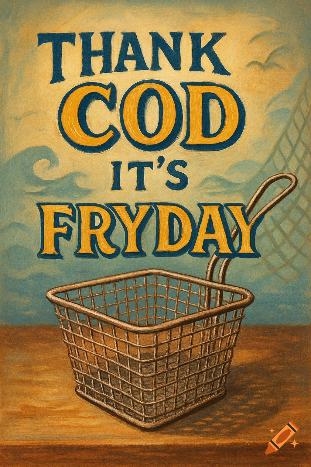 A vintage-style illustration of a deep-fry basket with the text 'Thank Cod It's Fryday' above it, set against a blue and yellow background with waves.