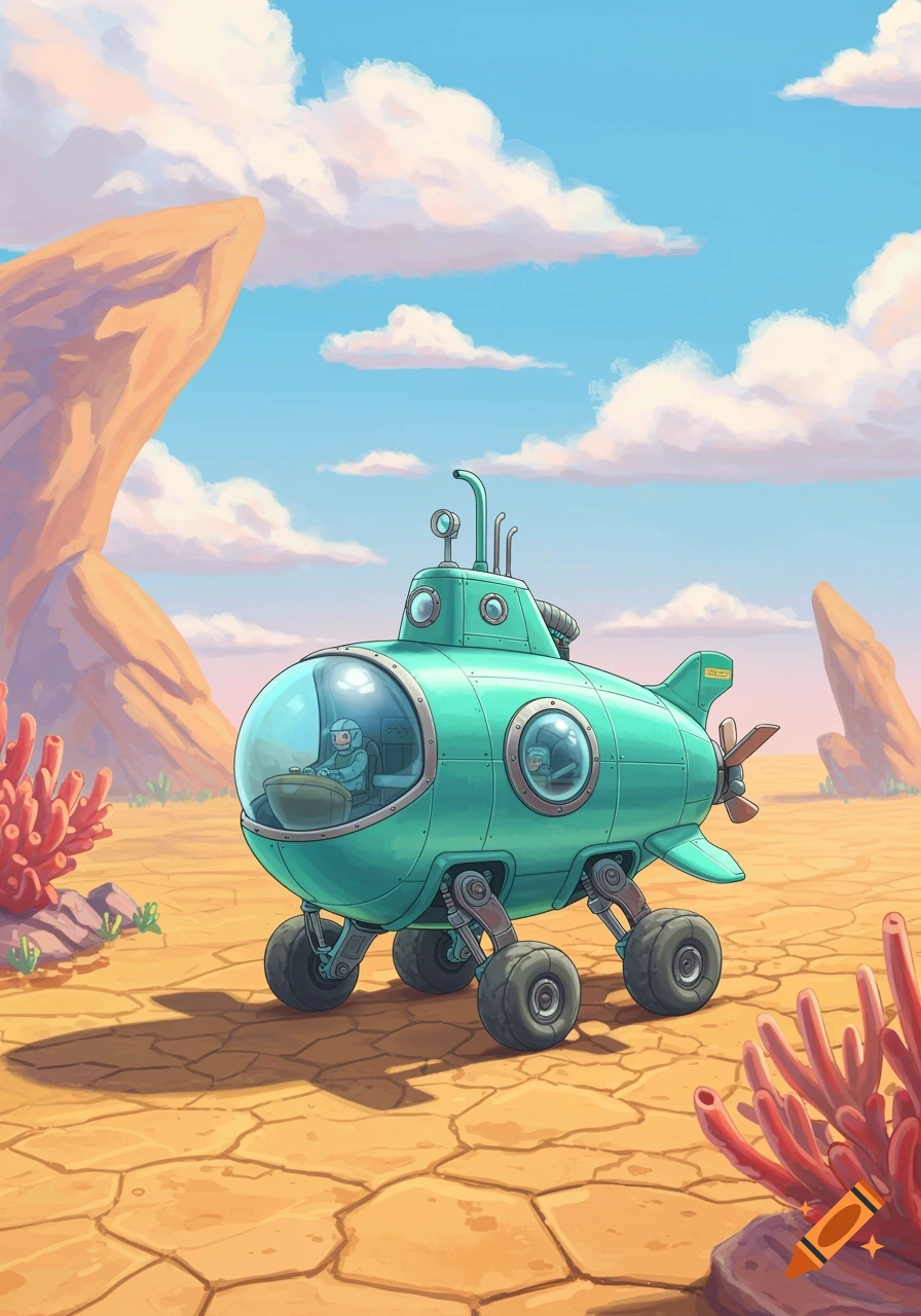 A teal submarine with wheels on a cracked desert landscape with red coral plants and rock formations under a blue sky with clouds in a cartoon style.