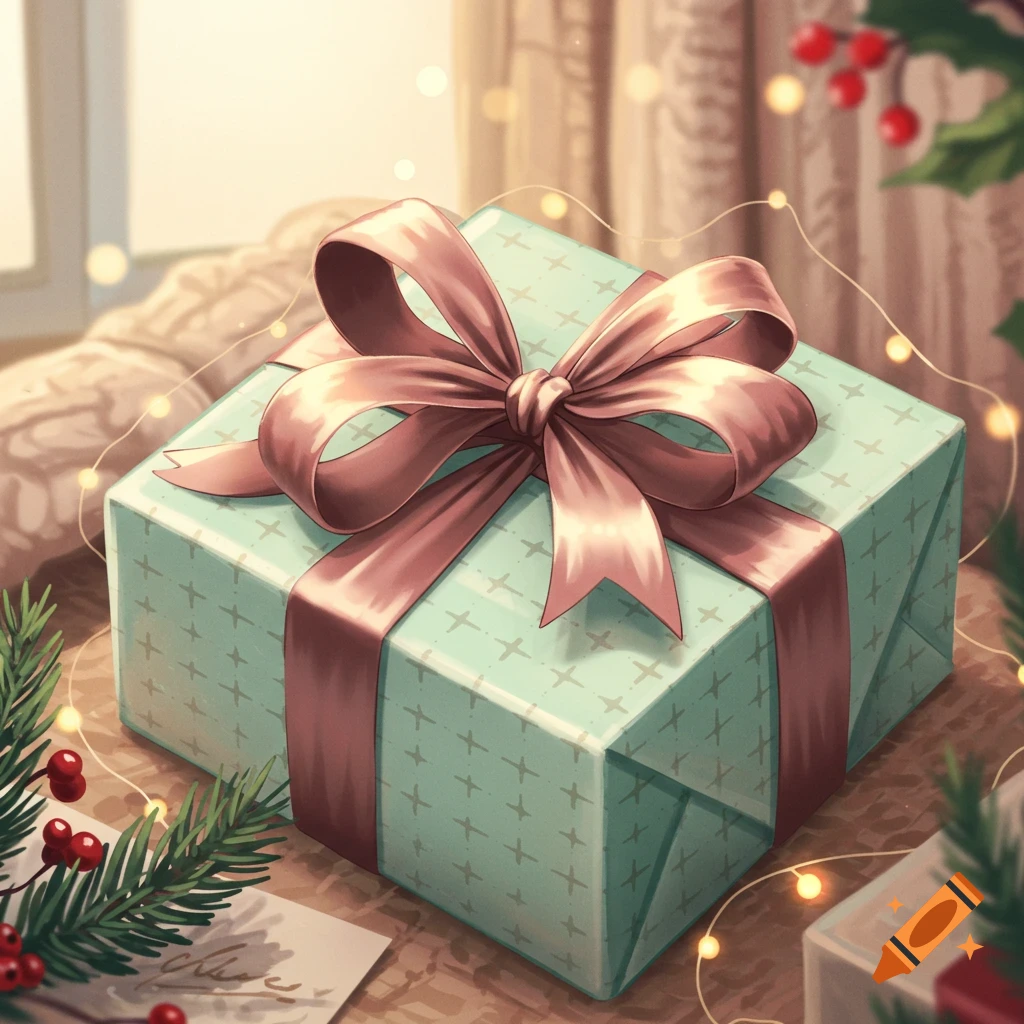 A teal gift box with a pink bow and a pattern of crosses, surrounded by festive lights and evergreen branches with red berries.