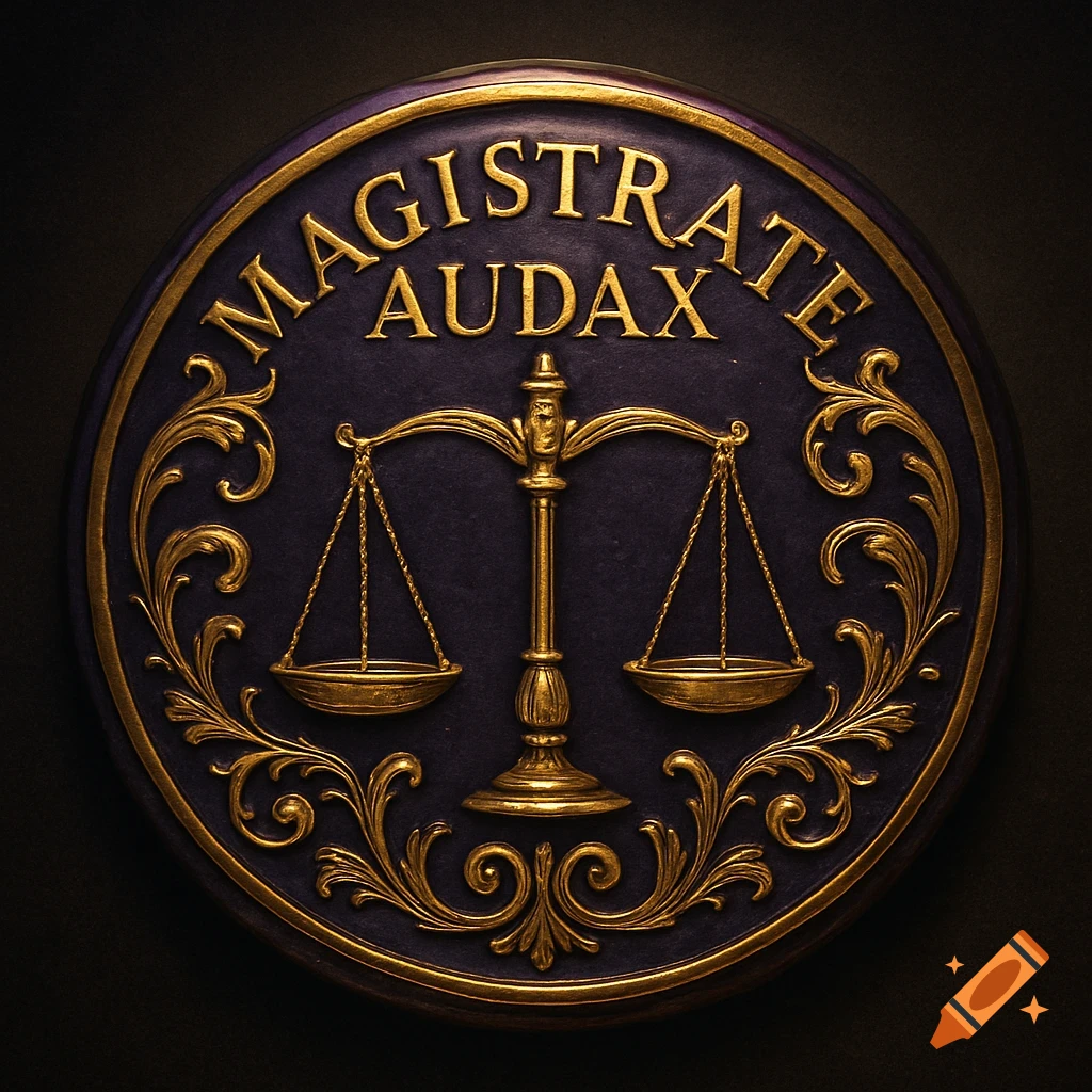 A shimmering dark purple and gold filigree seal with scales of justice and the words "MAGISTRATE AUDAX".