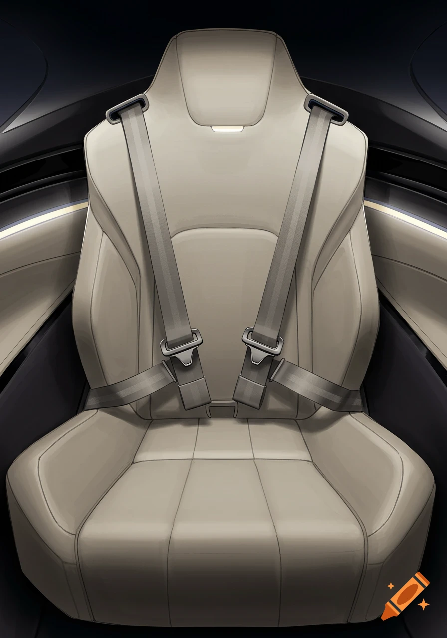 An illustrated concept of a beige car seat with a multi-point harness seatbelt system in a sleek interior.