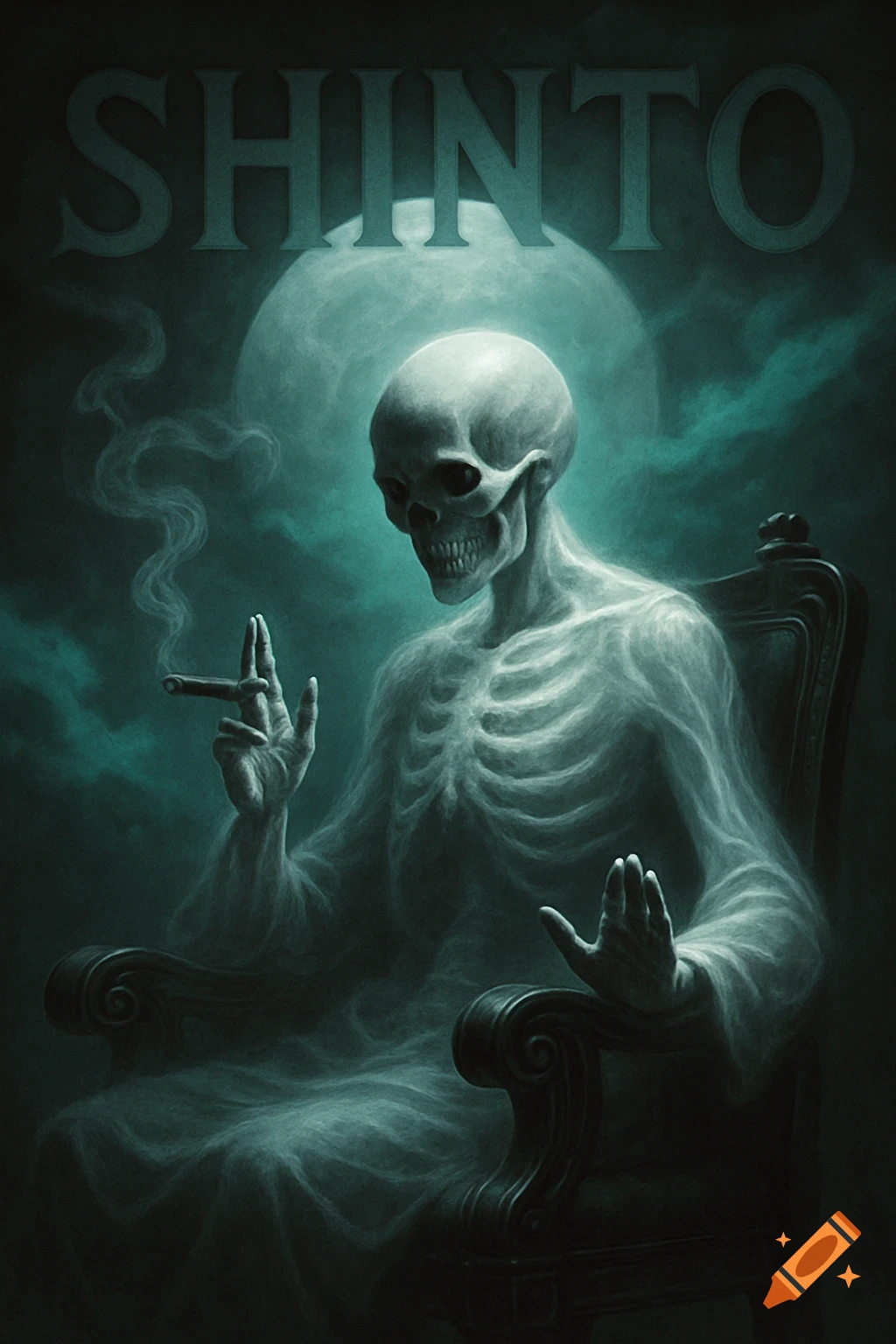 An eerie skeletal figure sits on a dark chair, holding a cigar with one hand while the other is raised, set against a turquoise moon and smoky background, with the word "SHINTO" at the top.
