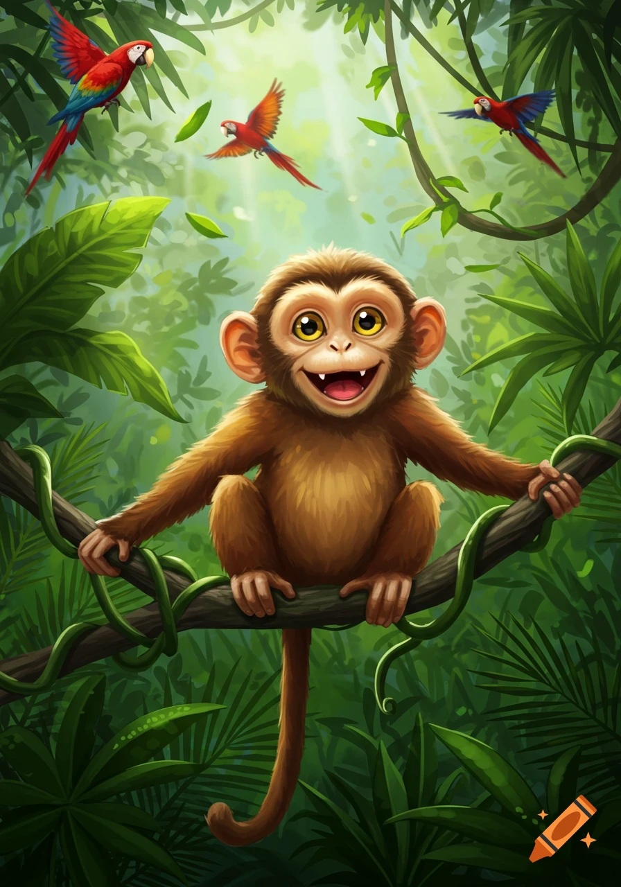 A happy cartoon monkey with big eyes sits on a branch in a lush green jungle with red parrots flying overhead.