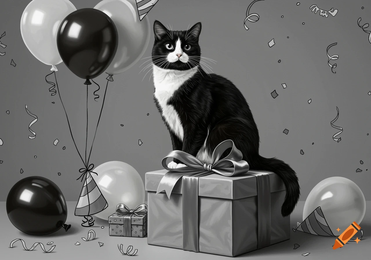 A black and white cat sits on a wrapped gift box, surrounded by balloons, confetti, and party hats in a monochrome birthday scene.