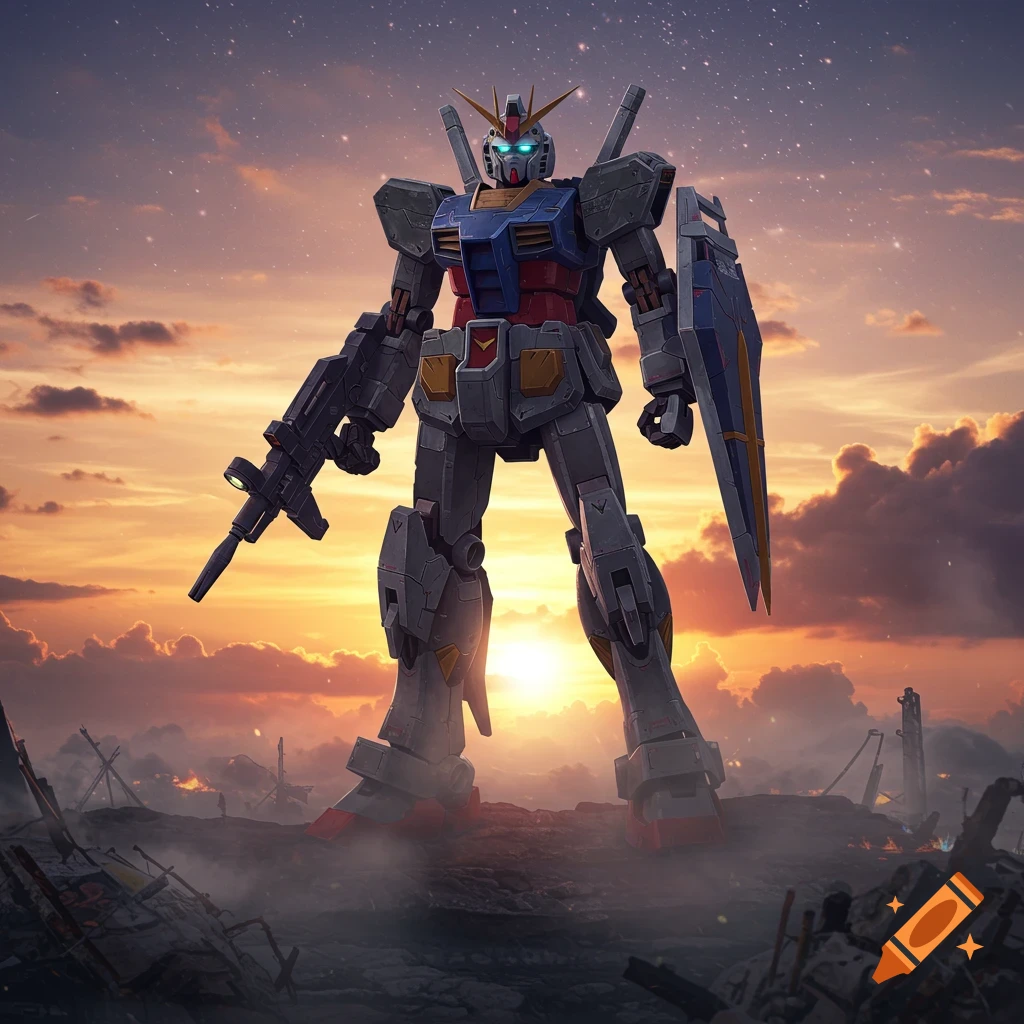 A large, detailed robot, resembling a Gundam, stands on a desolate, debris-filled landscape under a vibrant sunset sky with stars.