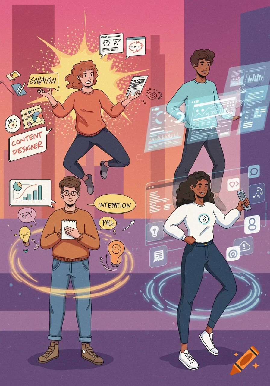 A vibrant cartoon illustration depicts four diverse professionals, representing roles like content designer and interaction designer, surrounded by icons and text bubbles related to their fields.