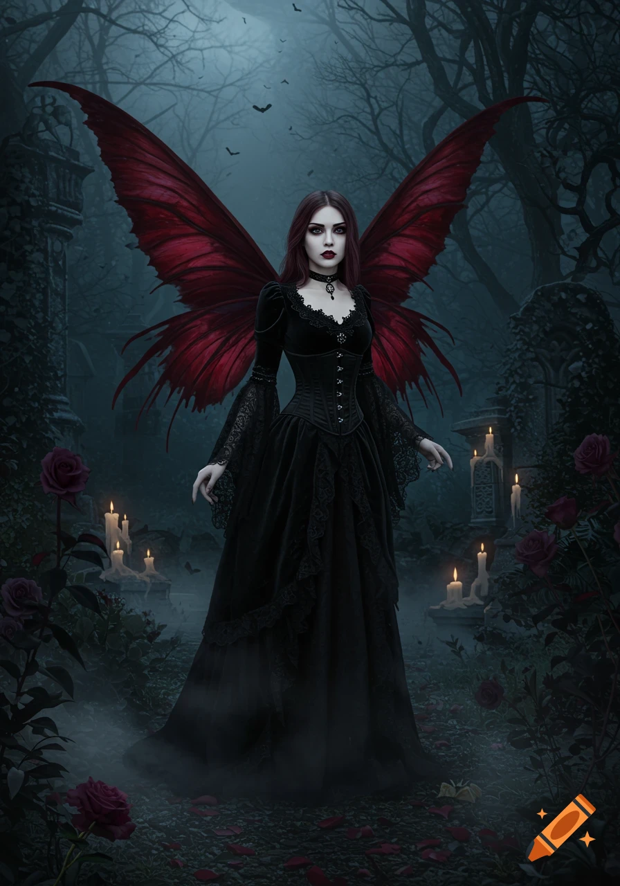 A gothic fairy with dark hair and large red wings stands in a misty forest with candles and roses, wearing a black Victorian dress.
