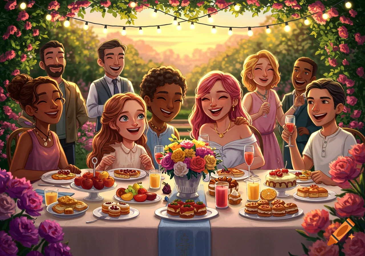 A vibrant illustration of a diverse group of people celebrating at an outdoor garden party with food and string lights at sunset.