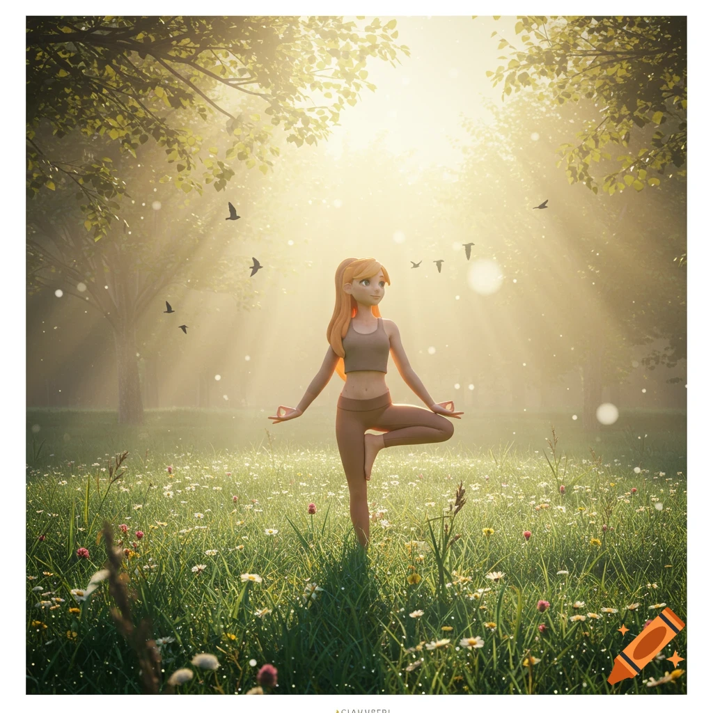 An animated woman in a yoga tree pose in a sunlit field with wildflowers and trees, with birds flying in the background.