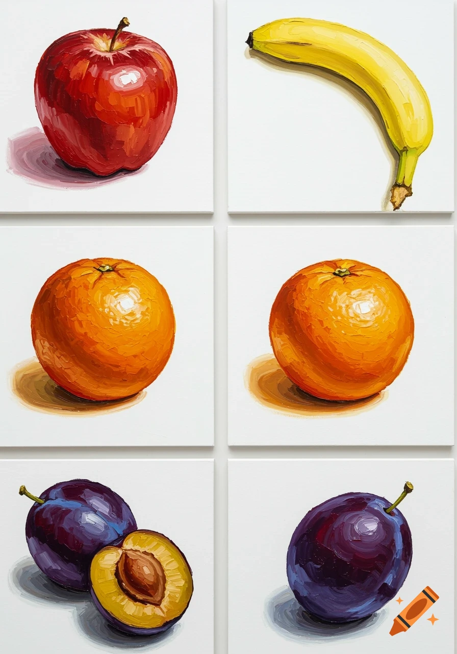 Acrylic impasto paintings of an apple, banana, two oranges, and two plums on separate white square canvases.