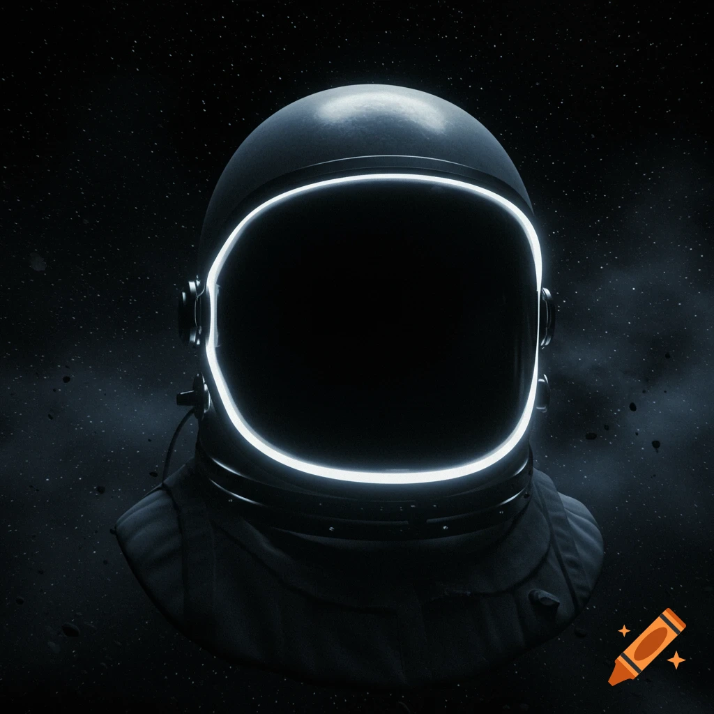 Bust of an astronaut with a glowing visor against a dark, starry space background.